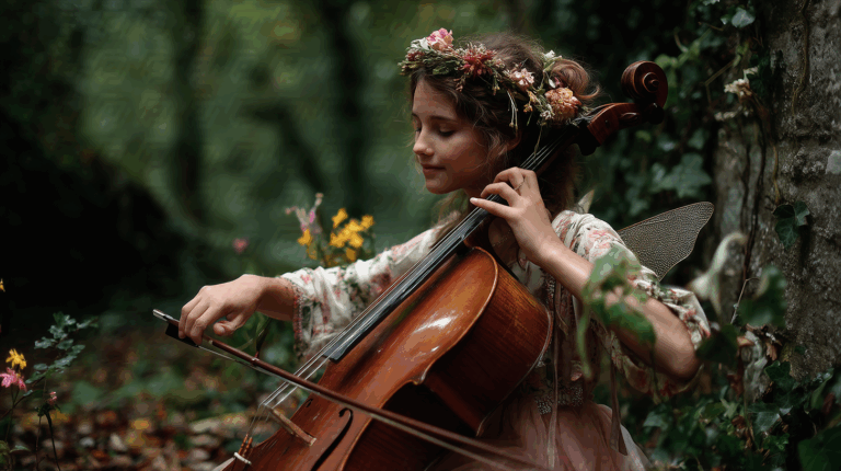Flower-Crowned Fairy Girl Playing Cello Outdoors