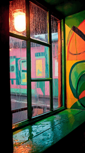 Rainy Window With Colorful Reflections and Light