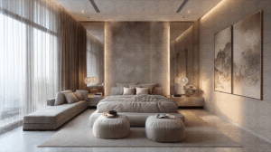 Luxurious Bedroom With Ambient Wall Lighting And Asian-Inspired Art