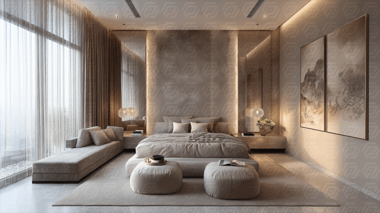Luxurious Bedroom With Ambient Wall Lighting And Asian-Inspired Art