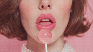 Glossy Pink Lips and Candy Close-Up with Retro Vibe