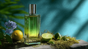 Citrus Fresh Perfume Bottle with Lemon and Lime on Moss