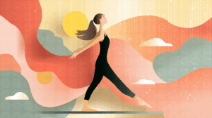Woman Walking Gracefully in Abstract Landscape With Flowing Hair