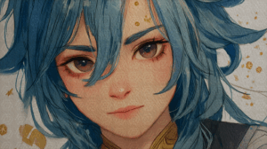 Anime-Style Girl With Blue Hair And Golden Accents
