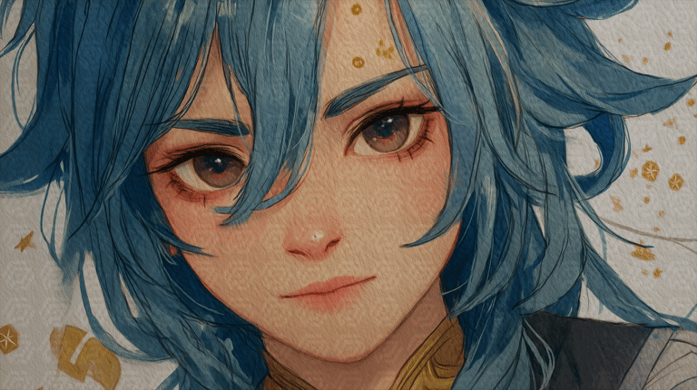 Anime-Style Girl With Blue Hair And Golden Accents