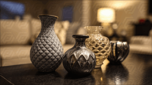 Decorative Vases on a Polished Wooden Table in Warm Ambient Light