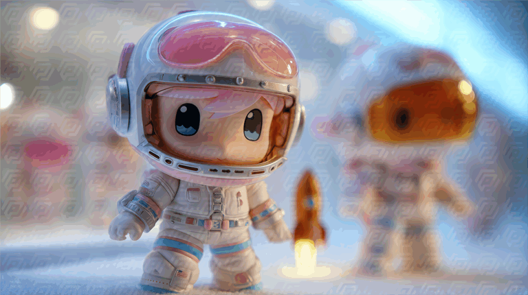 Chibi-Style Astronaut Doll with Rocket in Futuristic Space Exhibit
