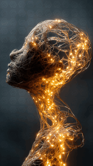 Glowing Wireframe Human Form Illuminated with Warm Lights