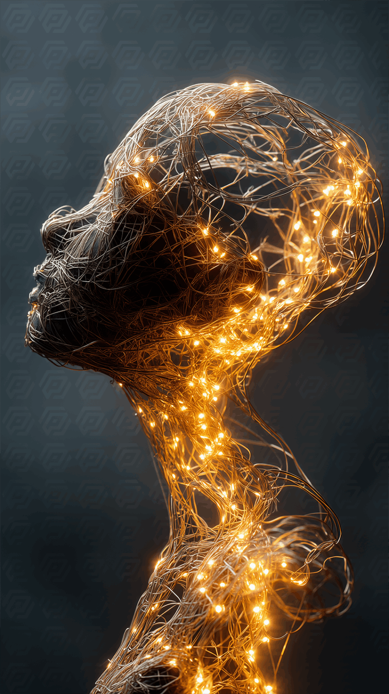 Glowing Wireframe Human Form Illuminated with Warm Lights