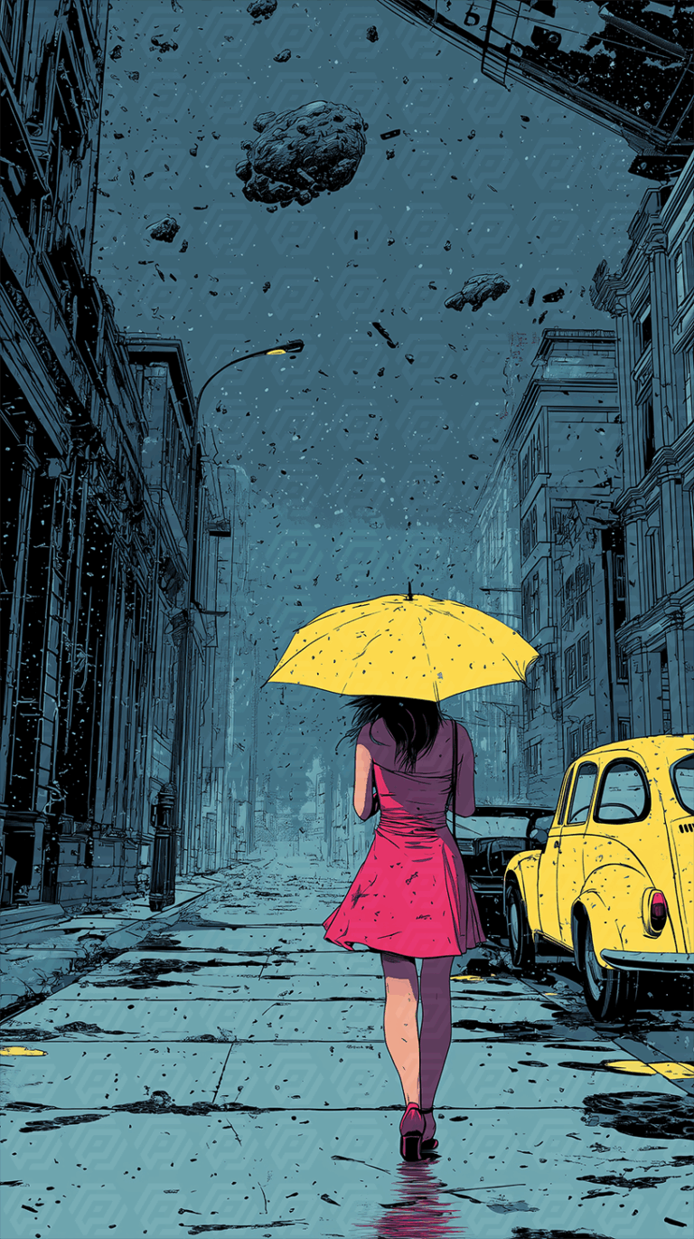Woman With Yellow Umbrella Walks Alone As Asteroids Fall Over a Moody City