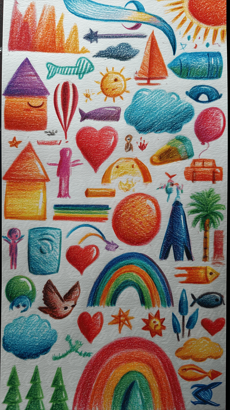 Playful Doodle Collage With Rainbows and Nature Symbols