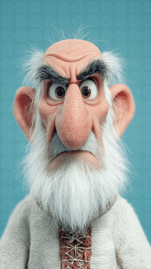 Close-Up Portrait of Grumpy Elderly Man with White Beard