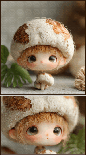 Adorable Doll With Mushroom Cap And Expressive Eyes Diptych
