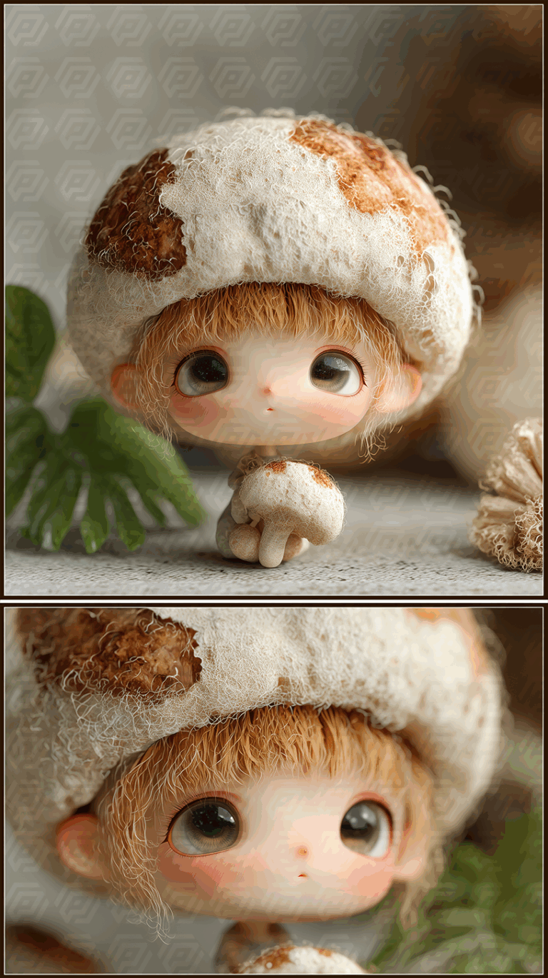 Adorable Doll With Mushroom Cap And Expressive Eyes Diptych