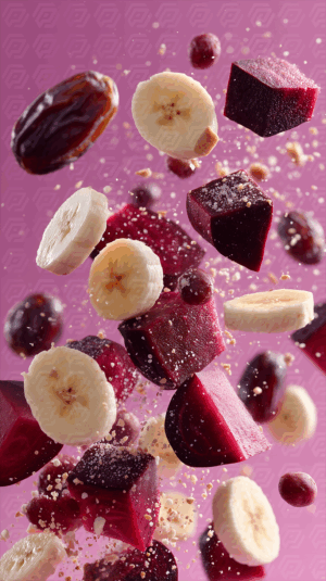 Fresh Sliced Banana, Beetroot, and Dates Flying in Midair on Pink Background