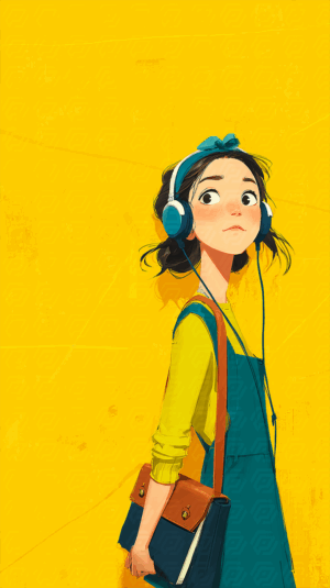 Girl With Headphones Standing Against Bright Yellow Wall