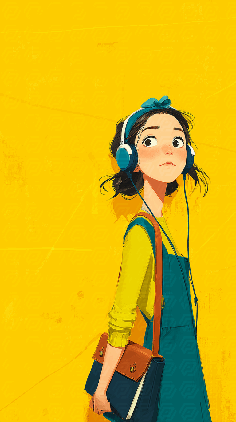 Girl With Headphones Standing Against Bright Yellow Wall