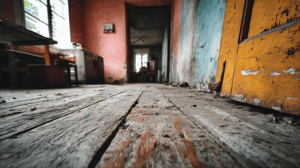 Low Angle View of Rustic Kitchen Floor With Distressed Wood Planks