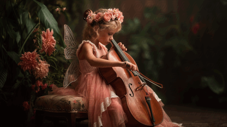 Little Fairy Playing Cello Surrounded By Flowers