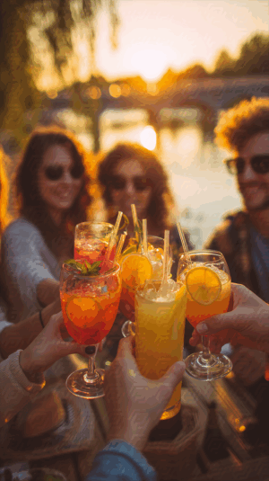 Sunset Celebration With Friends Toasting Colorful Drinks Outdoors