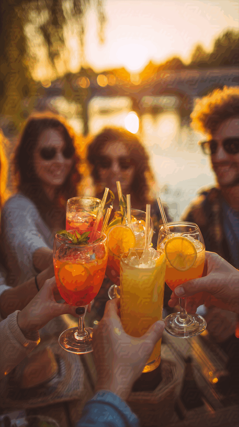 Sunset Celebration With Friends Toasting Colorful Drinks Outdoors