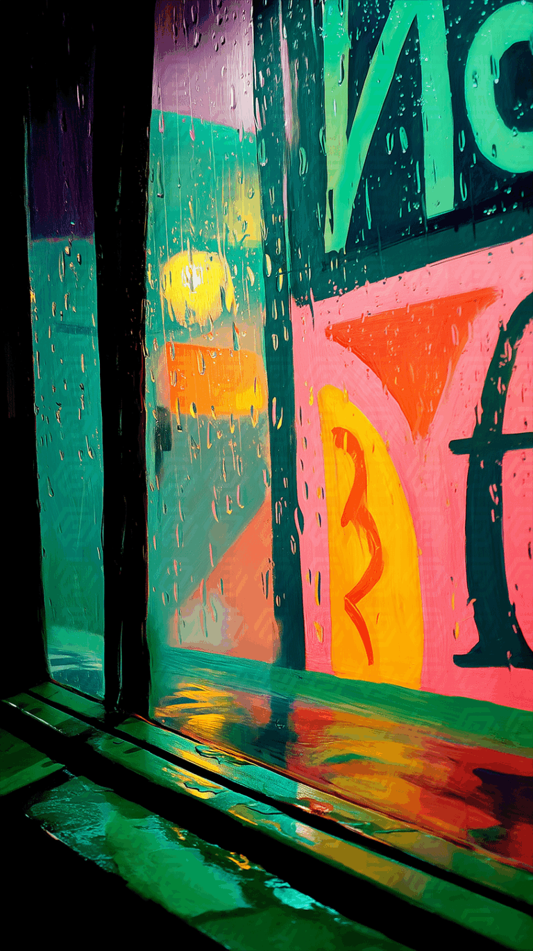 Colorful Reflections Through Rainy Glass Window