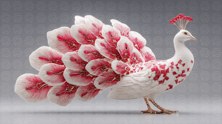 White Ceramic Peacock with Red and Gold Accents in Blooming Display