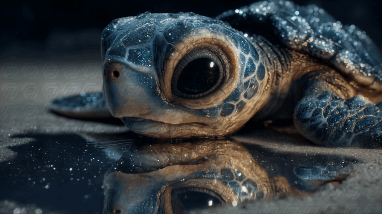 Enchanted Sea Turtle Eye With Glitter In Wet Sand Close Up