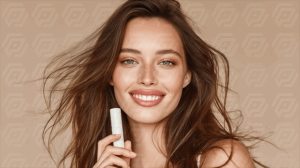 Smiling Woman With Natural Makeup Holding White Lip Balm
