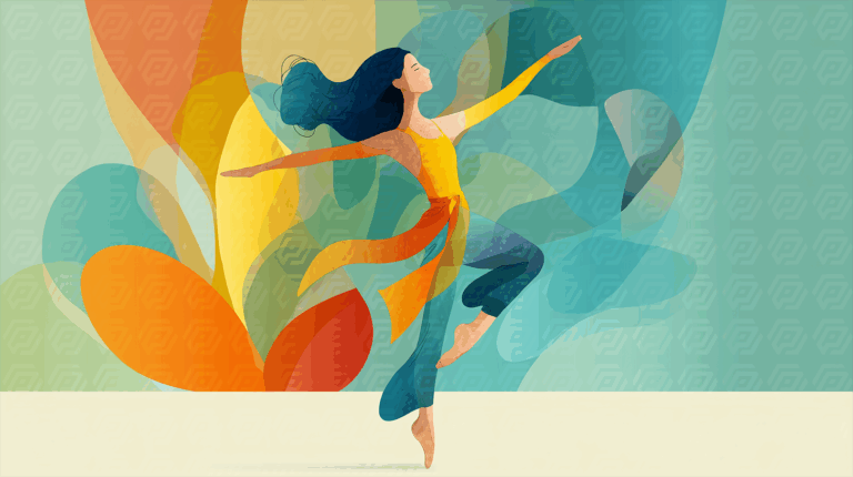 Joyful Woman Dancing Among Colorful Abstract Shapes