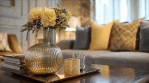 Elegant Glass Vase with Flowers on a Coffee Table in a Cozy Living Room