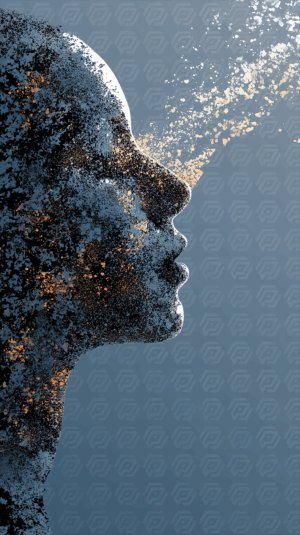 Abstract Human Face Disintegrating into Digital Particles