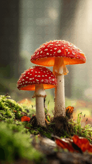 Two Fly Agaric Mushrooms in Soft Morning Light