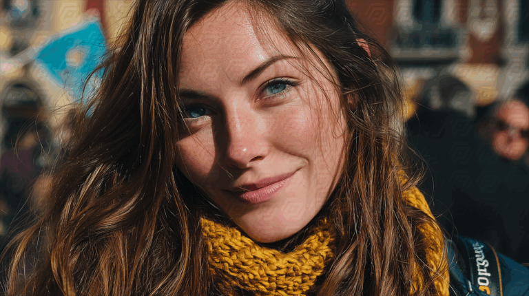 Smiling Woman In Yellow Scarf On City Street