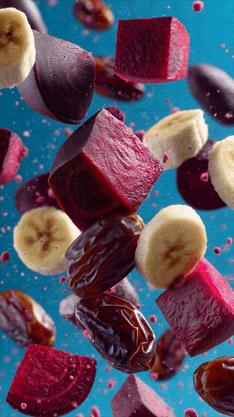 Vibrant Fruits and Superfoods Flying Against a Bright Blue Backdrop