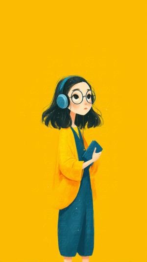 Stylized Young Girl With Headphones And Book Against Yellow Background