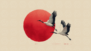 Cranes In Flight With Rising Sun Japanese Motif
