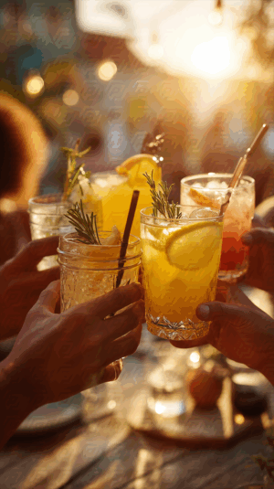 Summer Gathering With Refreshing Cocktails And Sunset Light