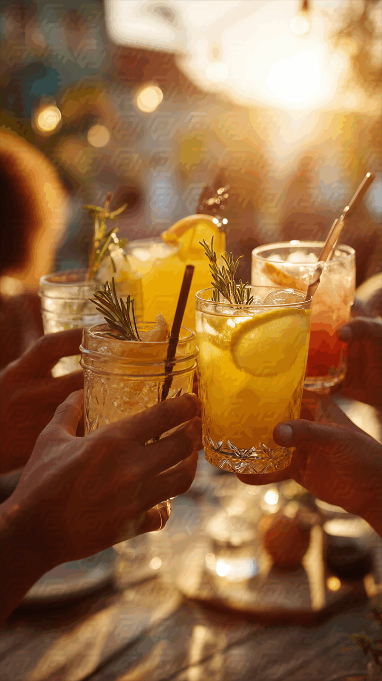 Summer Gathering With Refreshing Cocktails And Sunset Light