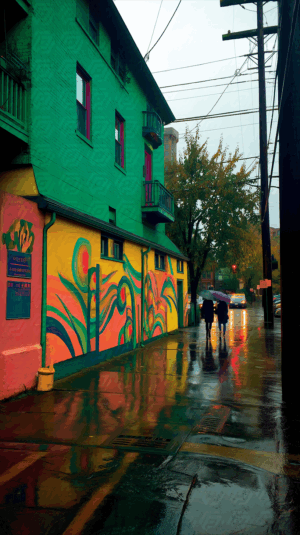 Colorful Street Mural On Rainy Urban Sidewalk