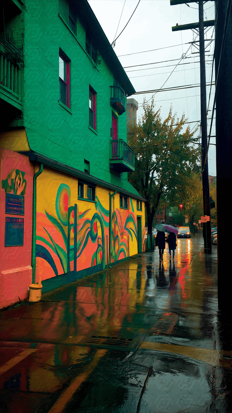 Colorful Street Mural On Rainy Urban Sidewalk