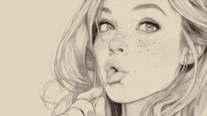 Vintage Line Art of Girl Licking Lollipop with Freckles and Long Hair