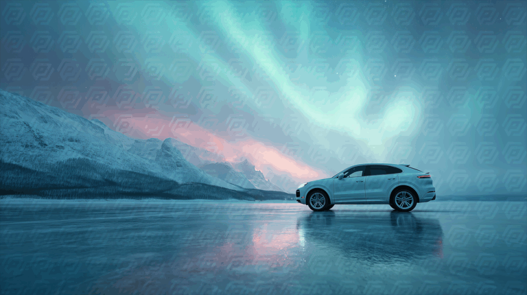 White SUV Car On Ice With Northern Lights Landscape