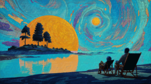 Surreal Sunset Landscape With Starry Swirl Sky And Reflection