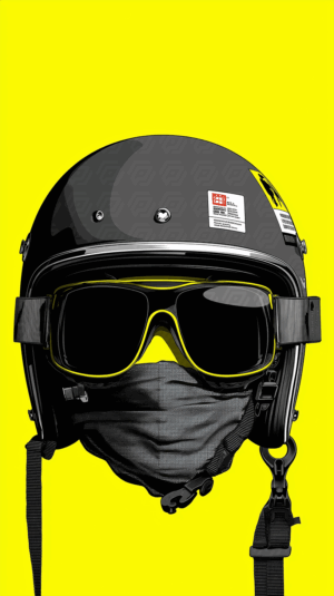 Modern Motorcycle Helmet With Goggles On Yellow Background
