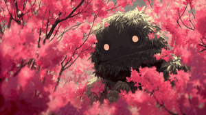 Leafy Creature With Glowing Eyes In Pink Blossom Forest