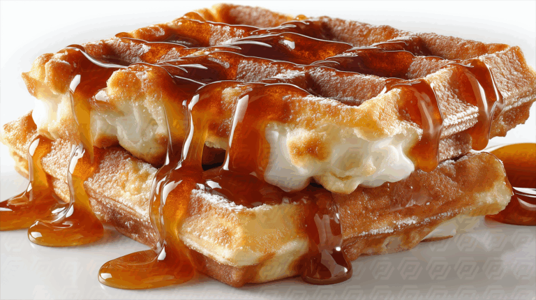 Stack Of Belgian Waffles With Syrup And Ice Cream Delicious Dessert