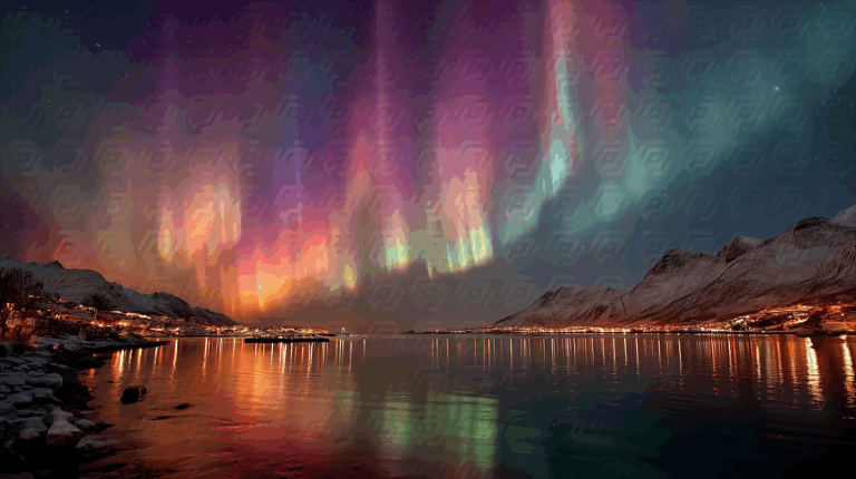 Northern Lights Over Snowy Mountains and Calm Water