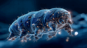 Glowing Microscopic View of Floating Tardigrade in Dark Space
