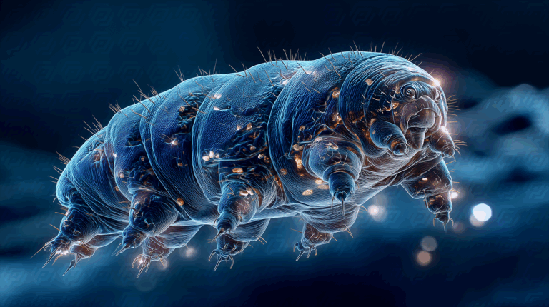 Glowing Microscopic View of Floating Tardigrade in Dark Space